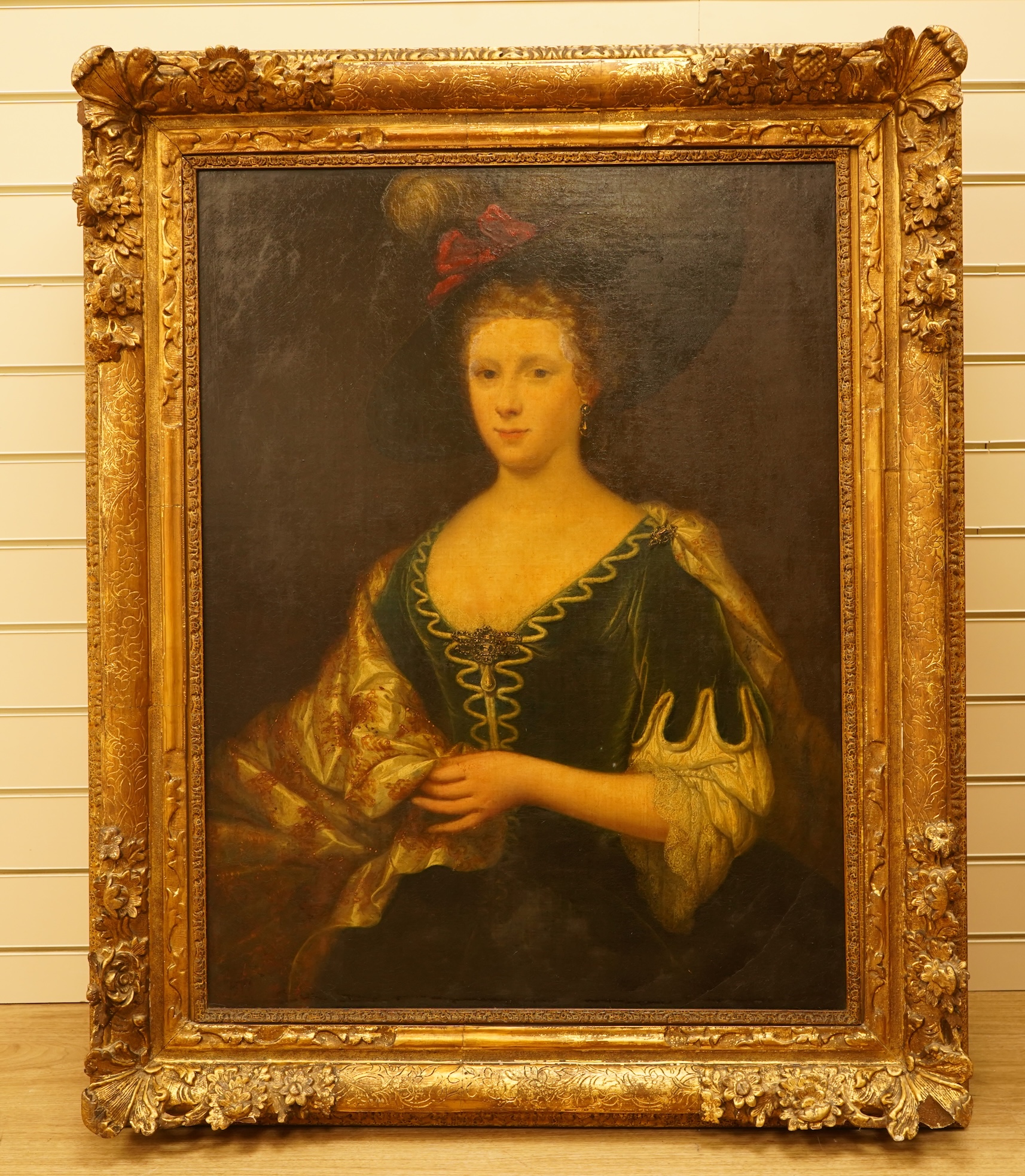 18th century, English school, Portrait of a lady in Georgian dress, unsigned, oil on canvas, 87 x 64cm, ornate gilt frame